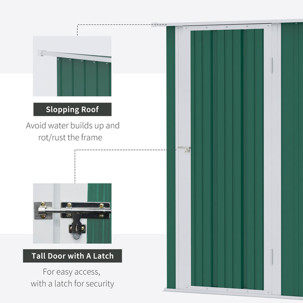Metal garden shed with sloping roof and lockable door for tools, green
