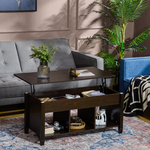 Lift-top coffee table with hidden storage compartment, 3 lower shelves, espresso