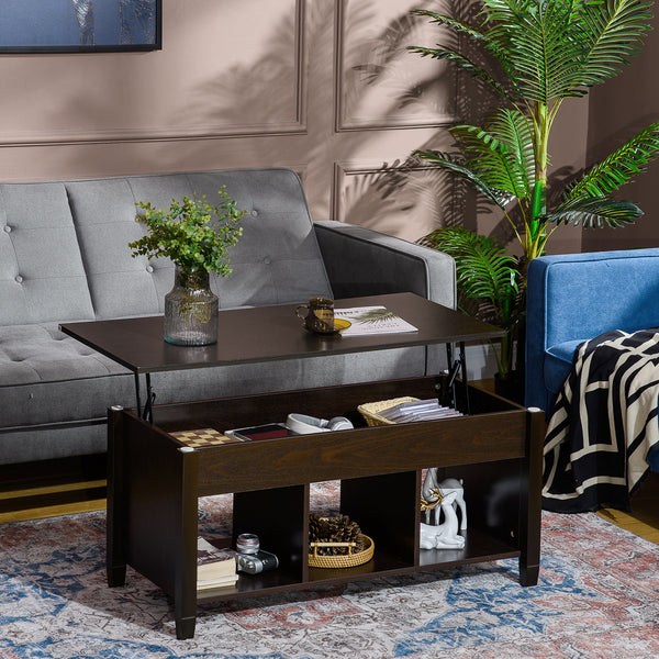 Lift-top coffee table with hidden storage compartment, 3 lower shelves, espresso