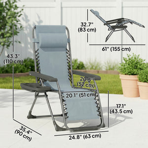 Set of 2 Zero Gravity Outdoor Lounge Chairs, Folding and Reclining, with Cup Holder and Headrest, Light Grey