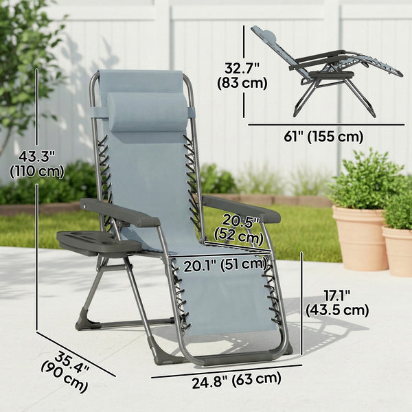 Set of 2 Zero Gravity Outdoor Lounge Chairs, Folding and Reclining, with Cup Holder and Headrest, Light Grey
