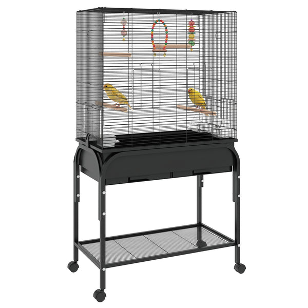 Bird Cage for Parakeets, Canaries, Finches, Lovebirds, Budgies, with Rolling Stand, Toys, Black