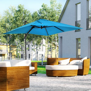8-foot square cantilever parasol with 360° rotation, made of aluminum, turquoise