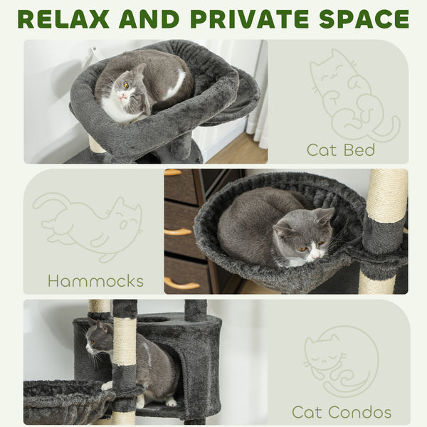 52.5" Cat Tree with Scratching Posts, Condos, Bed, Platforms and Hammocks, Dark Gray