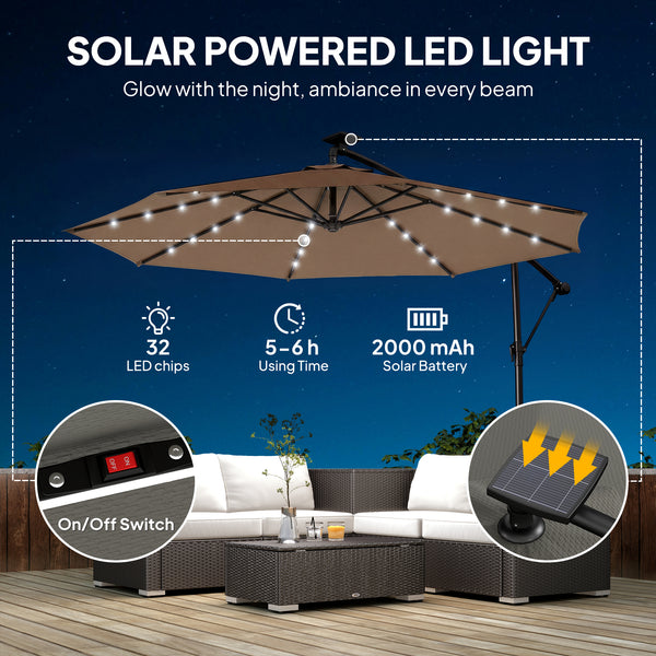 2.95 m cantilever patio umbrella with solar lighting, protective cover, tilt function, crank, khaki