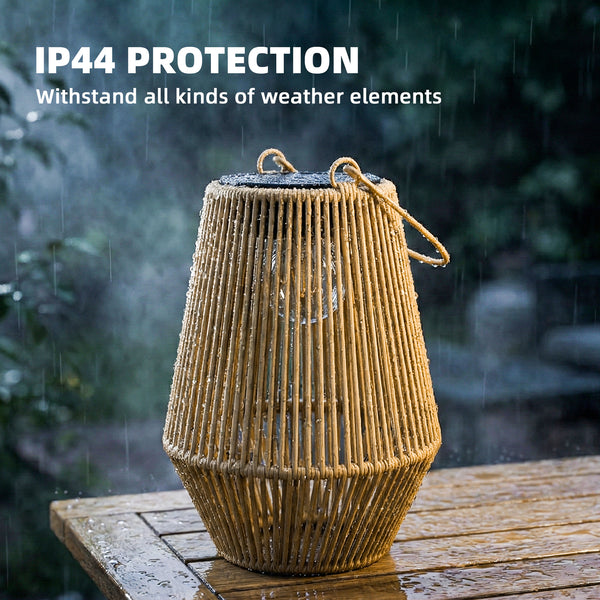2-Pack Waterproof Solar Wicker Lanterns, Hanging Outdoor Lanterns with Auto On/Off and Handles, Brown