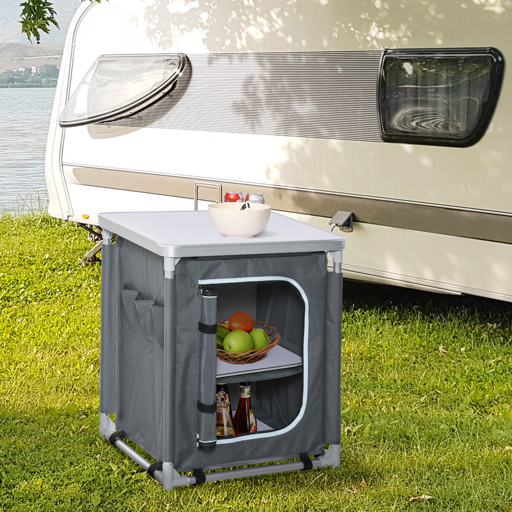 Aluminum camping cooking station with 2-shelf cabinet and carrying bag