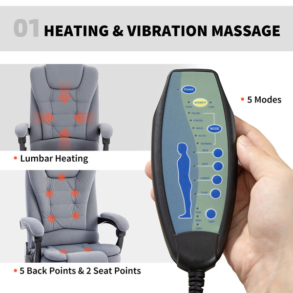 Vinsetto 7-Point Vibrating Massage Chair, Reclining Office Chair with Footrest, Reclining Back, Adjustable Height, Gray