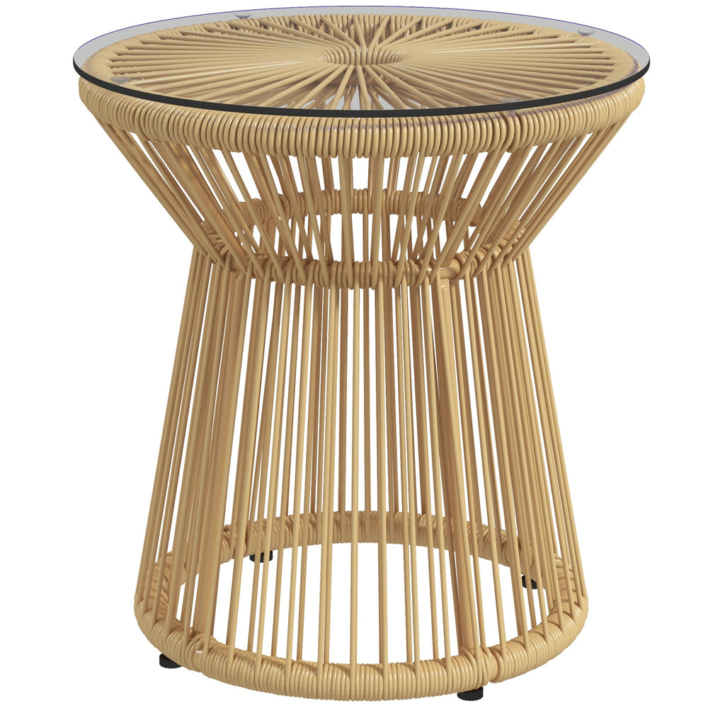 Round End Table, Rattan Side Table, Hollow Drum Design Coffee Table w/ Glass Tabletop for Patio, Garden, Balcony, Beige
