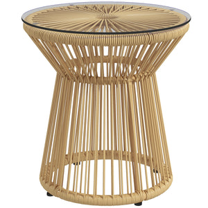 Round End Table, Rattan Side Table, Hollow Drum Design Coffee Table w/ Glass Tabletop for Patio, Garden, Balcony, Beige