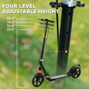 Foldable scooter, 4 adjustable heights, double brake and shock absorption, black