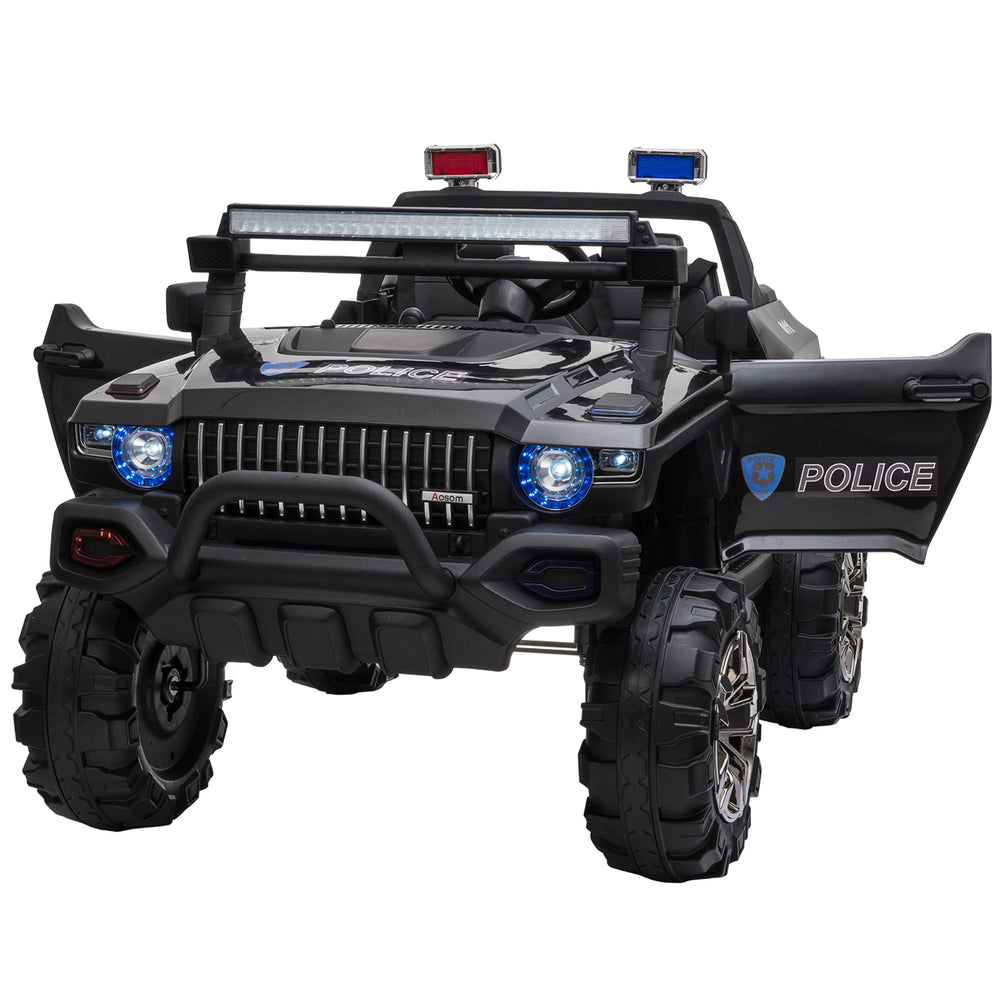 Voiture de police électrique 12 V pour enfants de 3 à 8 ans, 2 places, avec télécommande parentale, lumières LED, lecteur MP3, couleur noire