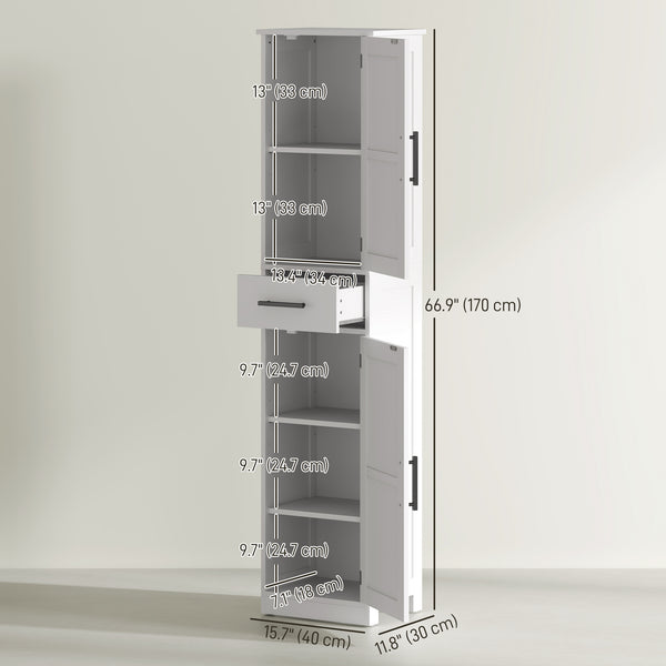 Bathroom cabinet 170 cm high with drawer, barn doors and adjustable shelves, white