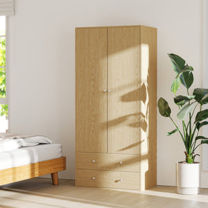 Modern wardrobe with 2 drawers and hanging rod, natural wood