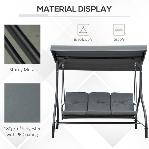 Convertible swing chair with canopy and cushions, 3-seater, dark grey