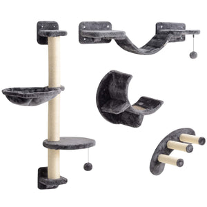 Cat climbing wall with scratching post, balls and platforms, dark grey