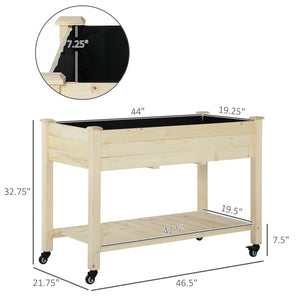 Raised wooden planter with lockable casters and storage shelf