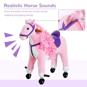Rocking horse for toddlers, with sound and wheel, pink