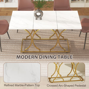 Dining table for 6 people, modern marble pattern kitchen table with metal pedestal, white