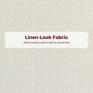 Set of 2 counter-height bar stools upholstered in linen with backrest, footrest and steel legs, cream white