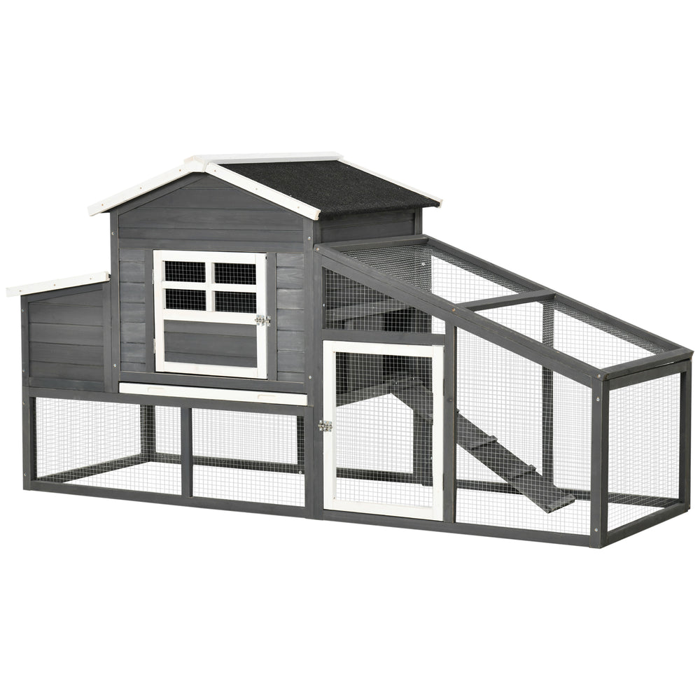 Wooden chicken coop with removable tray, nesting box, run, and ramp, grey