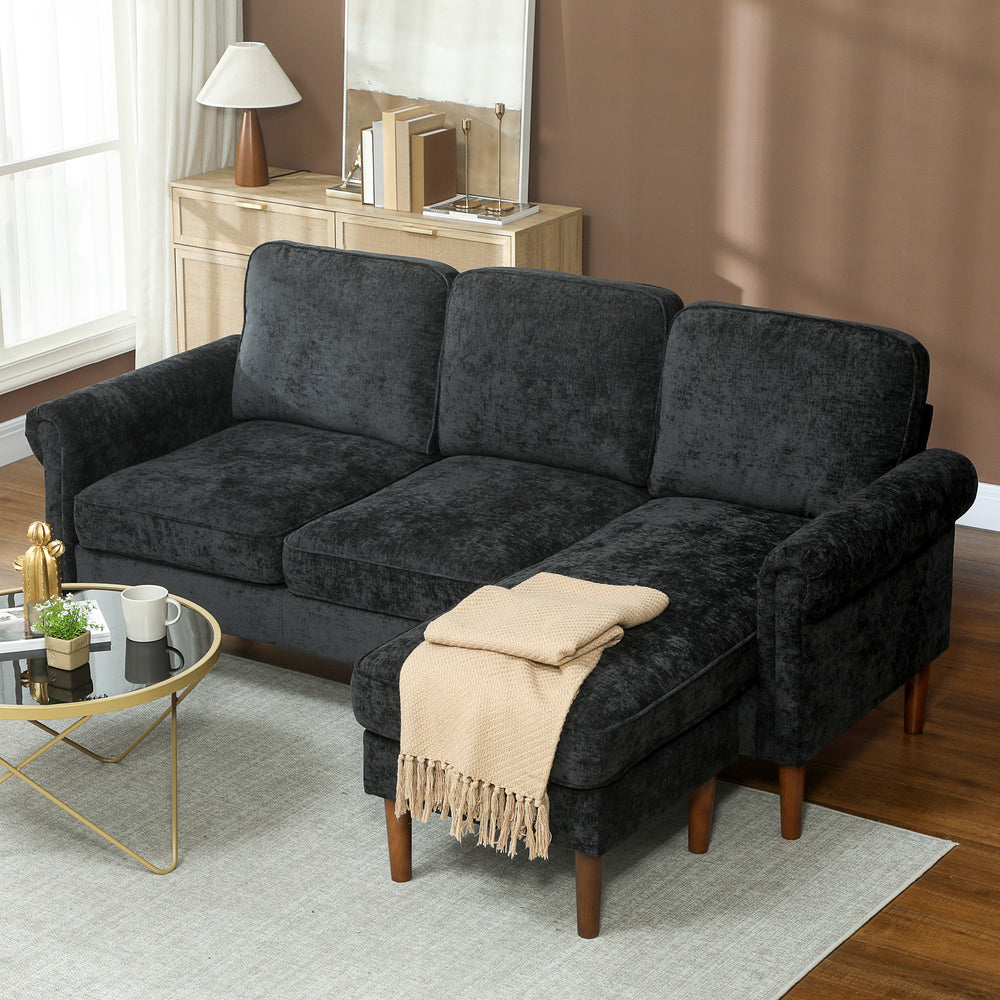 Modern corner sofa with removable chaise longue, wooden legs, black