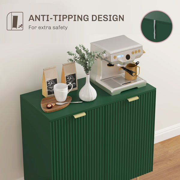 Modern kitchen storage cabinet with adjustable shelves and metal legs, green