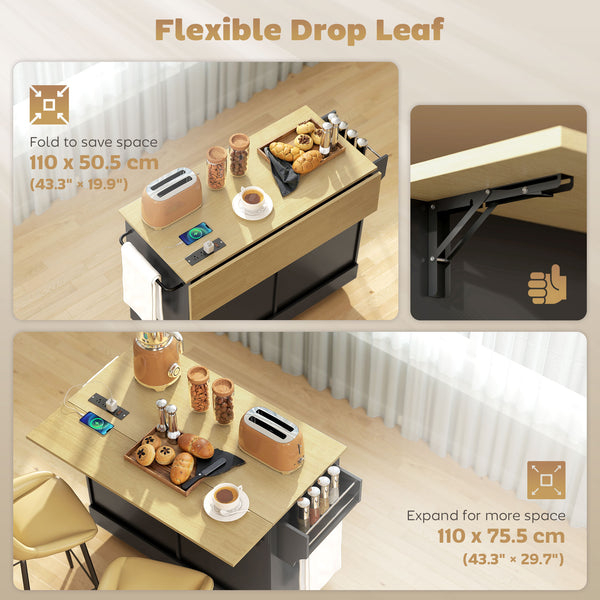 Kitchen trolley with charging station and wheeled lid with waste compartment, black