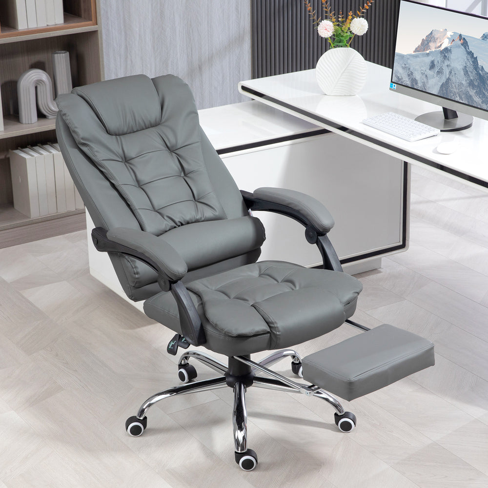 High-back office chair in faux leather with retractable footrest, grey