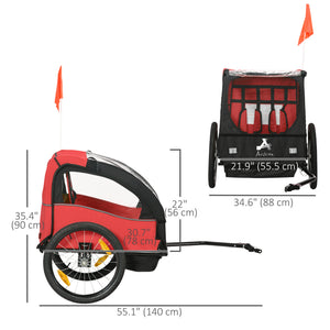 2-seater bicycle trailer with storage bag, 5-point harness, red 