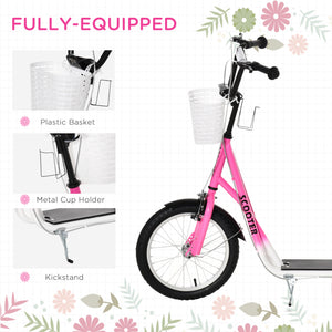 Scooter with adjustable handlebars with 2 brakes, cup holder basket, pink