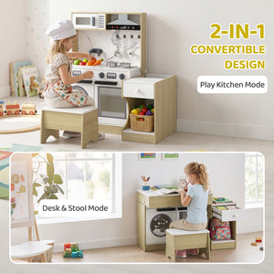 Play kitchen convertible into a table and chair with accessories and storage, white