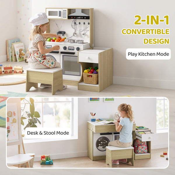 Play kitchen convertible into a table and chair with accessories and storage, white