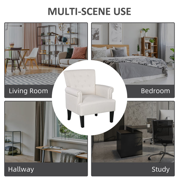 Fabric accent chair with wooden legs and rounded armrests, cream white