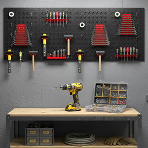 Steel wall tool organizer with 4 panels, 12 holders and 22 hooks – Black and red