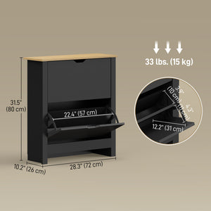 Shoe cabinet with 2 tilt-out drawers and adjustable shelves for 8 to 12 pairs of shoes, black