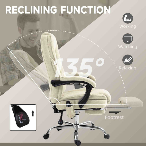 Reclining massage office chair with adjustable height and footrest, beige