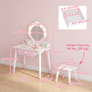 Children's vanity with light-up mirror, stool and 7 accessories, pink
