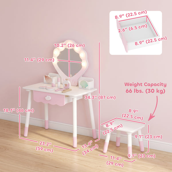 Children's vanity with light-up mirror, stool and 7 accessories, pink