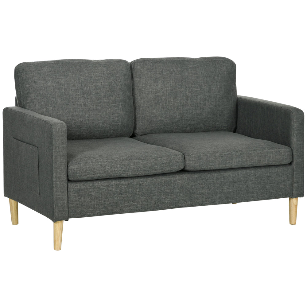 Modern upholstered two seater sofa with side pockets, grey
