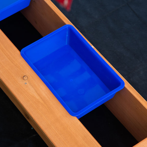 Wooden sandbox with height-adjustable lid, floor liner, seat and plastic trays