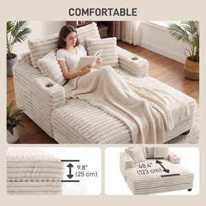 Large corduroy reading sofa with cup holders and cushions, sofa bed for living room, beige 