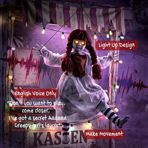 Animated spooky girl on a swing with light-up eyes, sounds, and motion – Reddish-brown and cream white