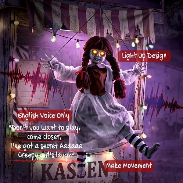 Animated spooky girl on a swing with light-up eyes, sounds, and motion – Reddish-brown and cream white