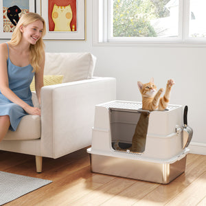 XL stainless steel litter box with hinged lid