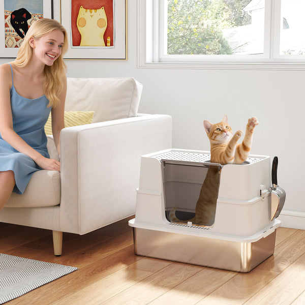 XL stainless steel litter box with hinged lid