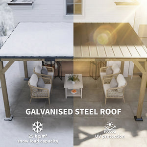 14' x 10' galvanized steel pergola with rigid roof and wooden frame, patio awning, dark grey