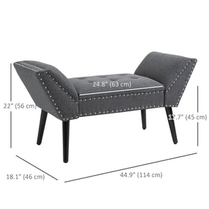 Modern Upholstered Bench with Armrests and Nailhead Trim, Grey