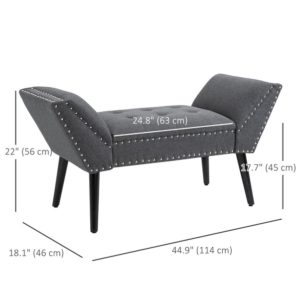 Modern Upholstered Bench with Armrests and Nailhead Trim, Grey