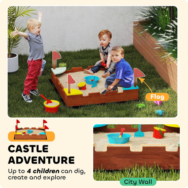 Wooden sandbox with flags, 4 built-in colorful corner seats, brown wood